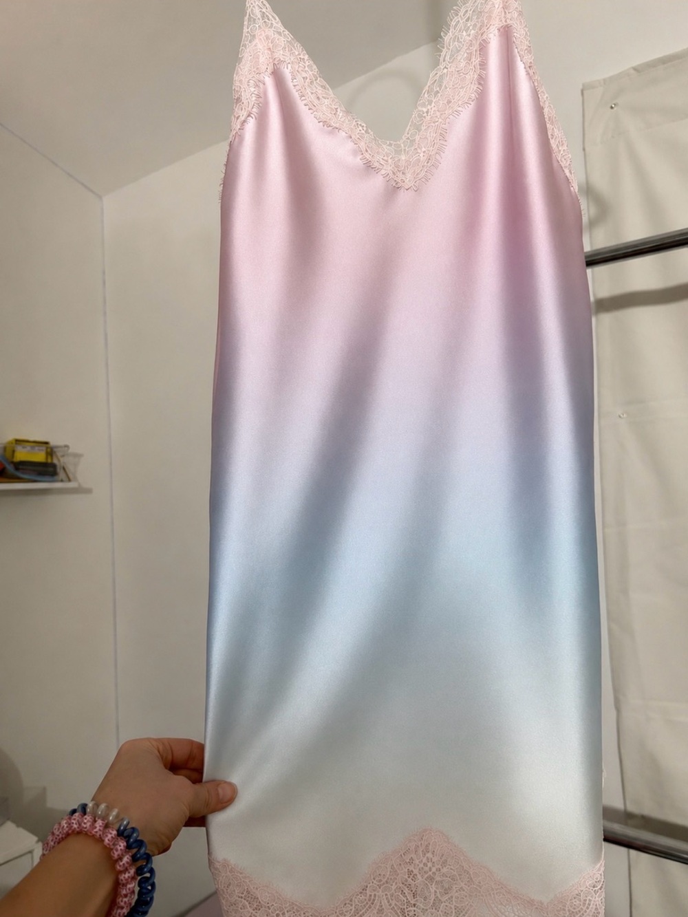 Satin Lace-Trim Slip Dress in Pale Pink and Light Blue